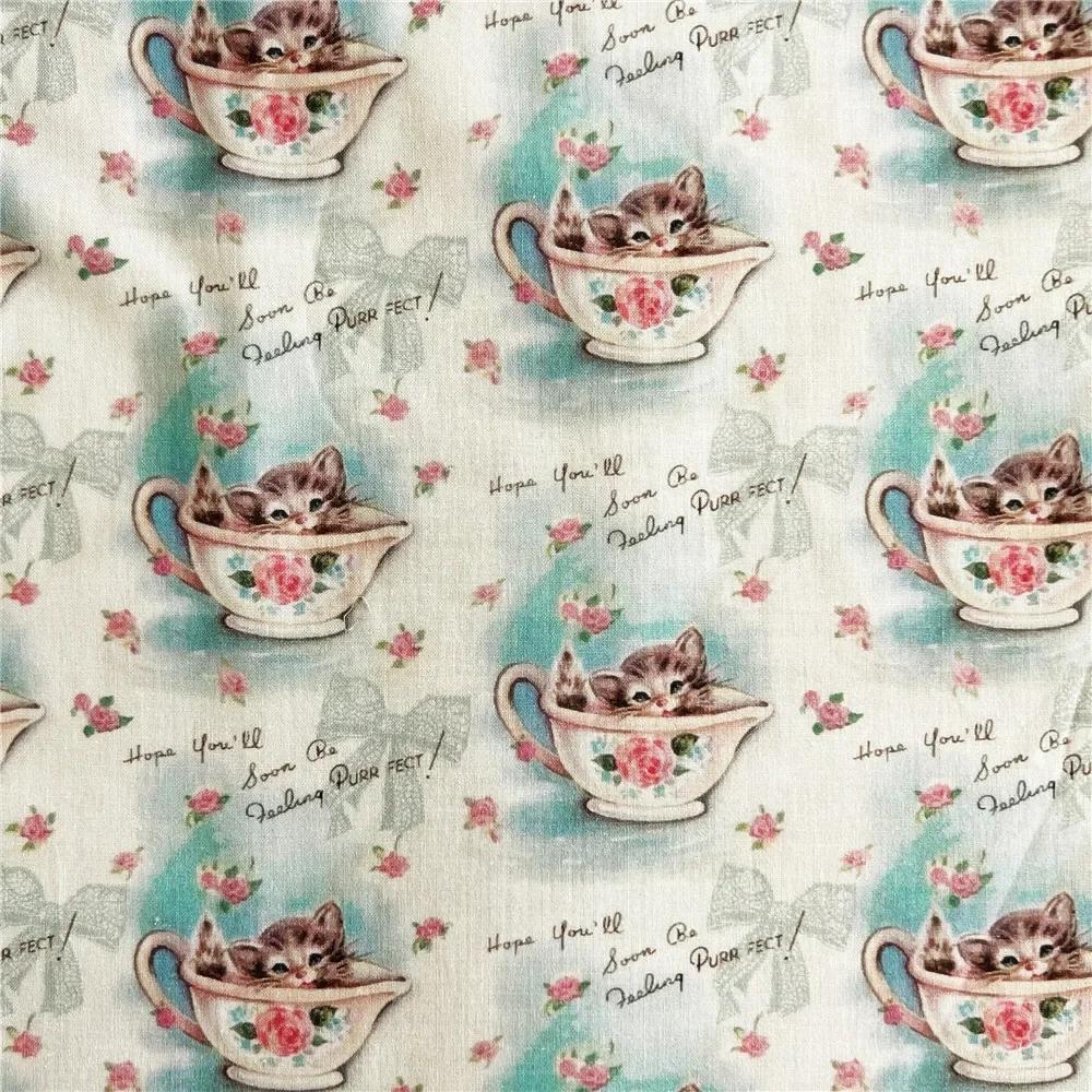 Tecido De Algodão Para Patchwork DIY, Adorável Material De Costura Vintage, Tecidos Impressos De Gato De Teacup, Bolsa De Bebê E Bonecas - Image 1
