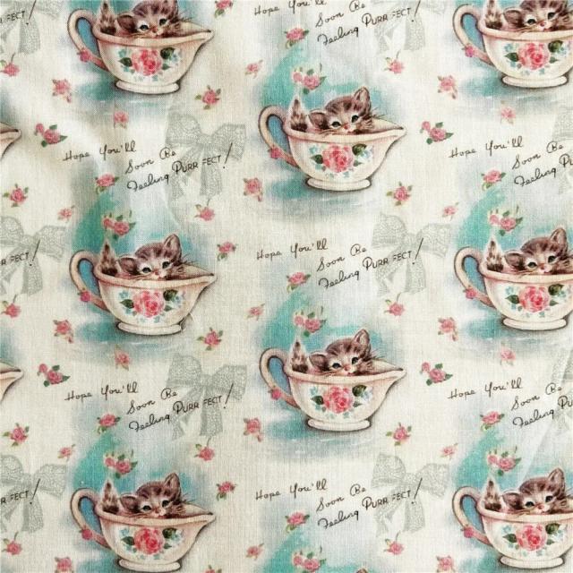 Tecido de Algodão Vintage para Patchwork DIY com Estampa Adorável de Gatos em Teacup para Bolsas de Bebê e Bonecas