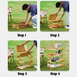 Mesas de acampamento ao ar livre mesa dobrável portátil acampamento prateleira de madeira ao ar livre rack de armazenamento portátil multi-camada dobrável rack de bambu - Image 2