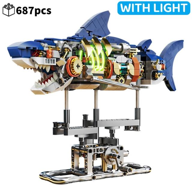 Conjunto de Blocos de Construção Mecânicos: Tubarão, Crocodilo e Papagaio para Crianças com Luz e Temática Marinha