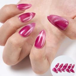 Dicas de unhas francesas acrílicas para mulheres e meninas, rosa vermelha, pressione unhas, design de olhos de gato, amêndoa, tendência diária, roupa de festa, 10 peças - Image 1