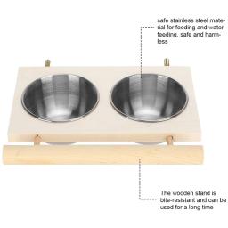 Alimentador de pássaro de aço inoxidável com suporte de madeira Double Pet Feeding Bowl, Suprimentos de rega de papagaio - Image 5