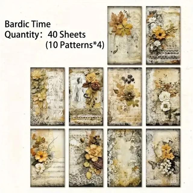 Conjunto de 40 Papéis Decorativos Vintage para Scrapbooking e DIY em Artesanato