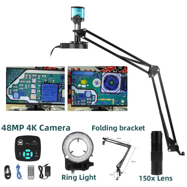 Microscópio Industrial 4K com Câmera Digital e Suporte Dobrável, Ideal para Solda e Inspeção - Lente 150X, Luz LED, Conexões HDMI e USB, 48MP e Resolução 1080P