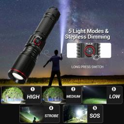 USB recarregável lanterna led, alta potência, zoom tocha tática, caça ao ar livre, pesca, caminhada, lanterna de emergência, camping, 300w - Image 3