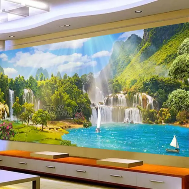 Mosaico Bordado em Diamante de Paisagem Primaveril com Cachoeira e Lago - Kit Completo para DIY em Tamanho Grande