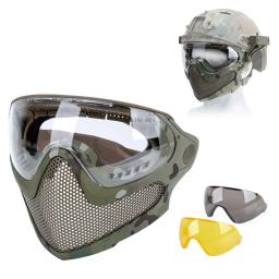 Airsoft máscara facial completa combate tático malha de aço máscara de proteção ao ar livre caça tiro paintball máscara facial com 3 lentes - Image 1