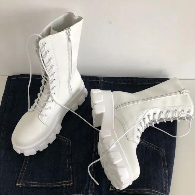 Botas Femininas de Cano Médio Outono Inverno Moda com Cadarço e Zíper
