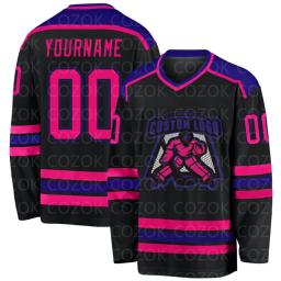 Jersey de hóquei no gelo personalizado para homens e mulheres, camisas de treinamento de competição, 3D imprime seu nome e número, preto e rosa - Image 6