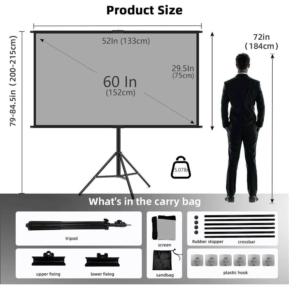 VEIDADZ-Tela do projetor com suporte, cinza de metal, anti-luz, 60 polegadas, 84 polegadas, 100 polegadas, 120 polegadas, para Home Theater, projeção do suporte ao ar livre - Image 1