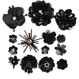 Patches feitos à mão com contas pretas para roupas, apliques com flor, tecido, 3d, remendos com buraco, glitter, decoração, diy - Image 5