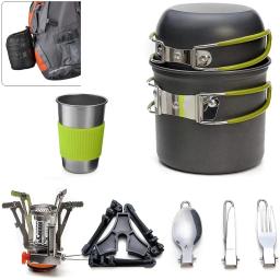 Conjunto de panelas de acampamento portátil, panela ao ar livre, mini fogão a gás, caminhada natural, piquenique, colher dobrável, garfo, faca - Image 1
