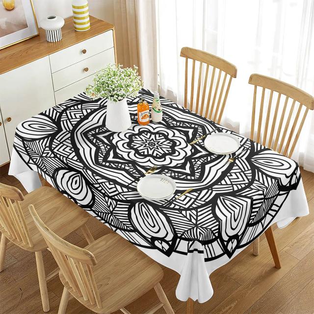 Toalha de Mesa Retangular Tribal em Mandala Tibetana com Estampa Geométrica Floral em Azul, Verde e Preto para Sala de Jantar e Cozinha
