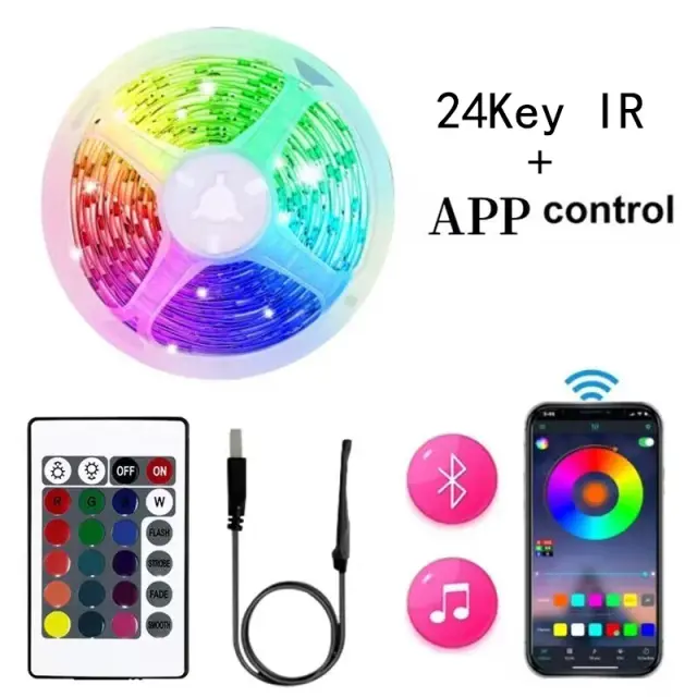 Fita LED RGB para Sincronização Musical em Festas em Casa - 1m a 20m, SMD 5050, Controle Bluetooth, Mudança de Cor, USB 5V