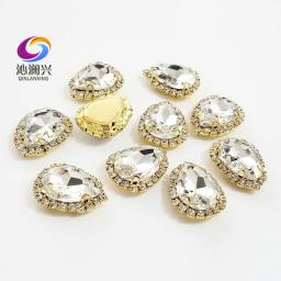 Fundo dourado Top Grade Vidro Fivela De Cristal, Gota Forma, branco Sew em Strass, DIY Decoração Do Casamento, 10Pcs por Pacote, fábrica vendas - Image 4