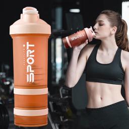 Garrafa de água esportiva plástica sem BPA, agitador de proteínas para academia, copo de mistura ao ar livre, copos vazados, 3 camadas, 450ml - Image 2