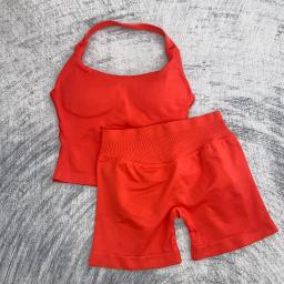 Feminino alto estiramento halter topo sutiã esportivo shorts conjunto ginásio treino yoga fitness confortável ativo wear impacto roupa de fitness - Image 4