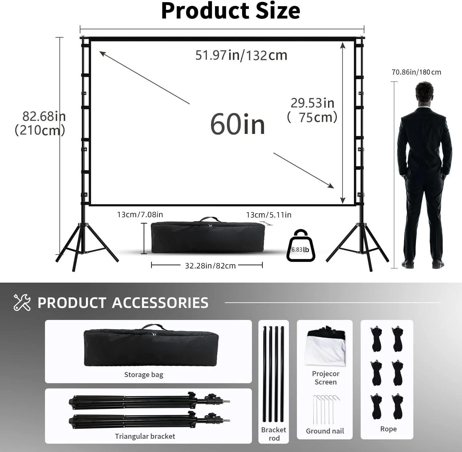 VEIDADZ-Tela do projetor com suporte, branco sem rugas, ângulo de visão de 160 °, 60-150 polegadas, dupla face, Home Theater, ao ar livre - Image 1