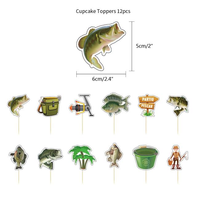 Decoração de Festa de Aniversário com Tema de Pesca: Bolo, Toppers, Balões, Banner e Talheres Personalizados