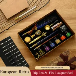 Pena Estilo Europeu Antigo Mergulhado Caneta De Tinta, Selo De Pintura De Fogo Conjunto De Caixa De Presente, Estudante Prática De Caligrafia E Assinatura Do Escritório Caneta - Image 2