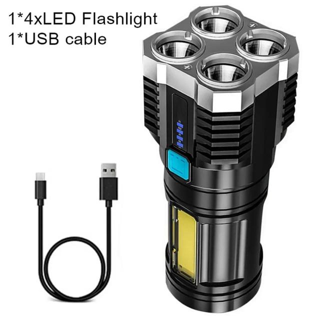 Lanterna LED USB Recarregável com Display de Energia e Projetores Laterais COB, Super Brilhante e Ideal para Camping com 4 Cabeças Portáteis