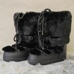 Botas de pele sintética para mulheres quentes e confortáveis botas de esqui 2025 inverno meio claf rendas plataforma impermeável botas de neve preto - Image 1