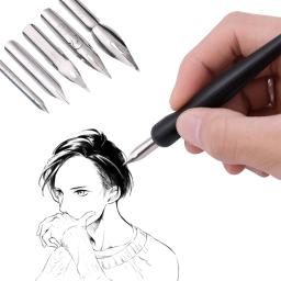 Multifunções Manga Pen Tip Set, Anime Paint Drawing Tool, Dip Caligrafia, 5 Nib, 2 Holder, 1 Eraser, Cartoon - Image 2