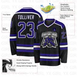 Jersey de hóquei personalizado para homens e mulheres, preto, roxo-branco, impressão 3D, nome, número, juventude, treinamento de competição - Image 3