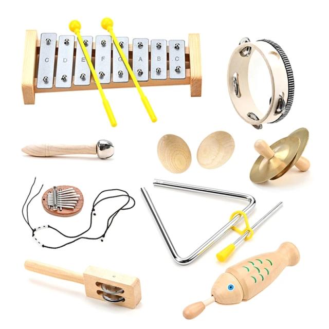 Conjunto de 9 Instrumentos Musicais de Percussão para Crianças: Brinquedos de Mão com Sinos e Chocalhos