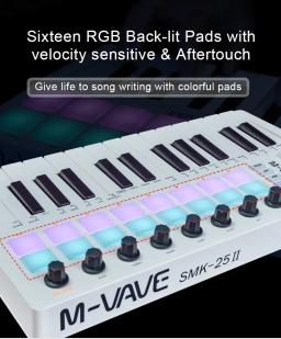 M-VAVE-MIDI Pad Controller Keyboard, USB Mini Keyboard, Software de Produção Musical Incluído, 16 RGB Drum Pads, 8 Knobs, SMK-25 II, 25 Key - Image 2