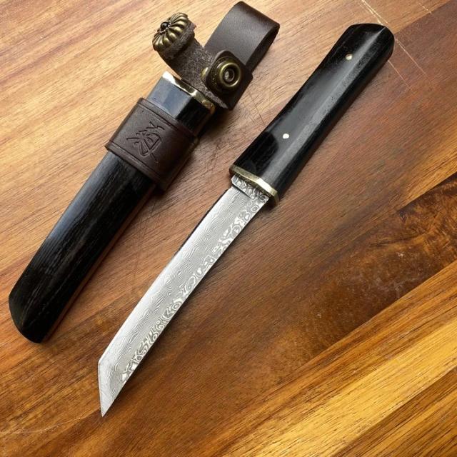 Canivete Mini Damasco Aço com Cabo de Ébano - Ferramenta EDC Portátil para Camping e Aventura, com Caixa de Presente em Estilo Japonês