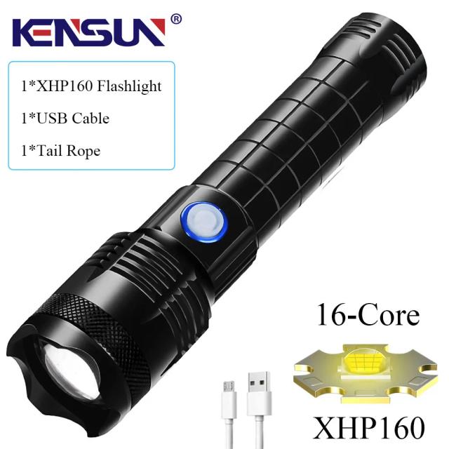 Lanterna LED Recarregável USB Super Poderosa XHP120 XHP160 XHP99 - Tocha de Alta Potência para Acampamento e Uso Tático
