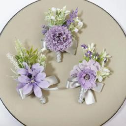 Boutonniere e pulso Corsage para convidados, flores simuladas, suprimentos do casamento, roxo, banquete suprimentos, noivo noiva, 368 - Image 3