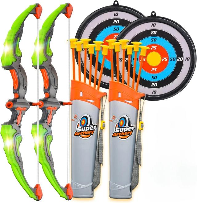 Conjunto de Tiro com Arco e Flecha para Crianças com Luzes LED Rosa Piscando, Inclui Rack de Setas e Alvo para Diversão Segura e Tranquila