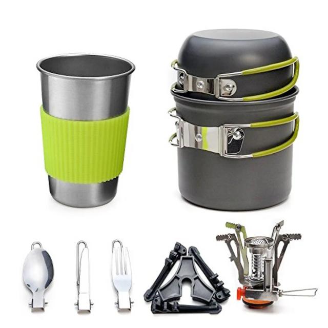 Conjunto Portátil de Panelas para Acampamento com Mini Fogão a Gás, Colher, Garfo e Faca para Piqueniques e Aventura ao Ar Livre