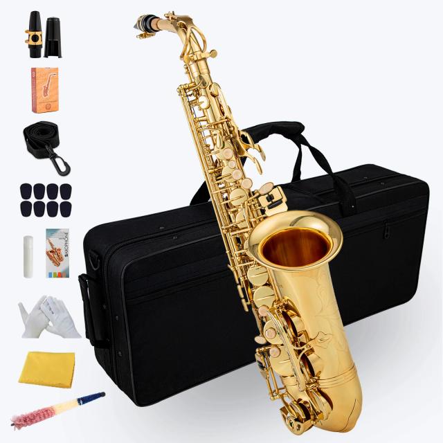 Saxofone Alto Lacado Ouro de Alta Qualidade com Case e Acessórios de Latão e Bocal Musical