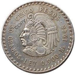 Uncirculated 1947 ou 1948 méxico 5 pesos moedas de cópia estrangeira de prata - Image 2