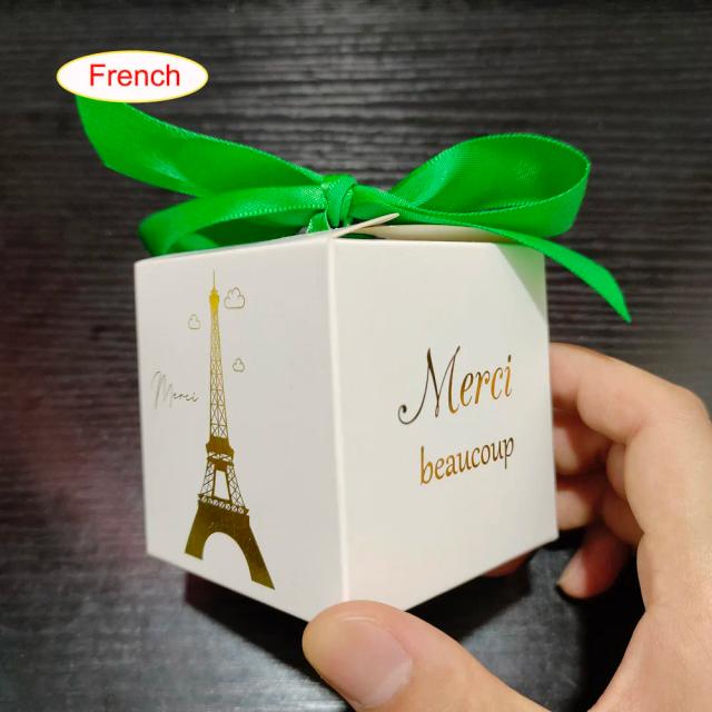 Mini Caixa de Doces Branca Dobrada Merci Torre Eiffel - Lembranças para Festa, 20 Unidades de 6cm