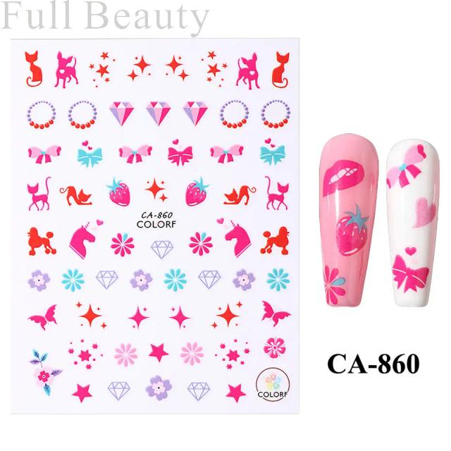 Adesivos Kawaii de Unhas com Design de Gato Preto, Decalques Coloridos e Arte Auto-Adesiva para Manicure