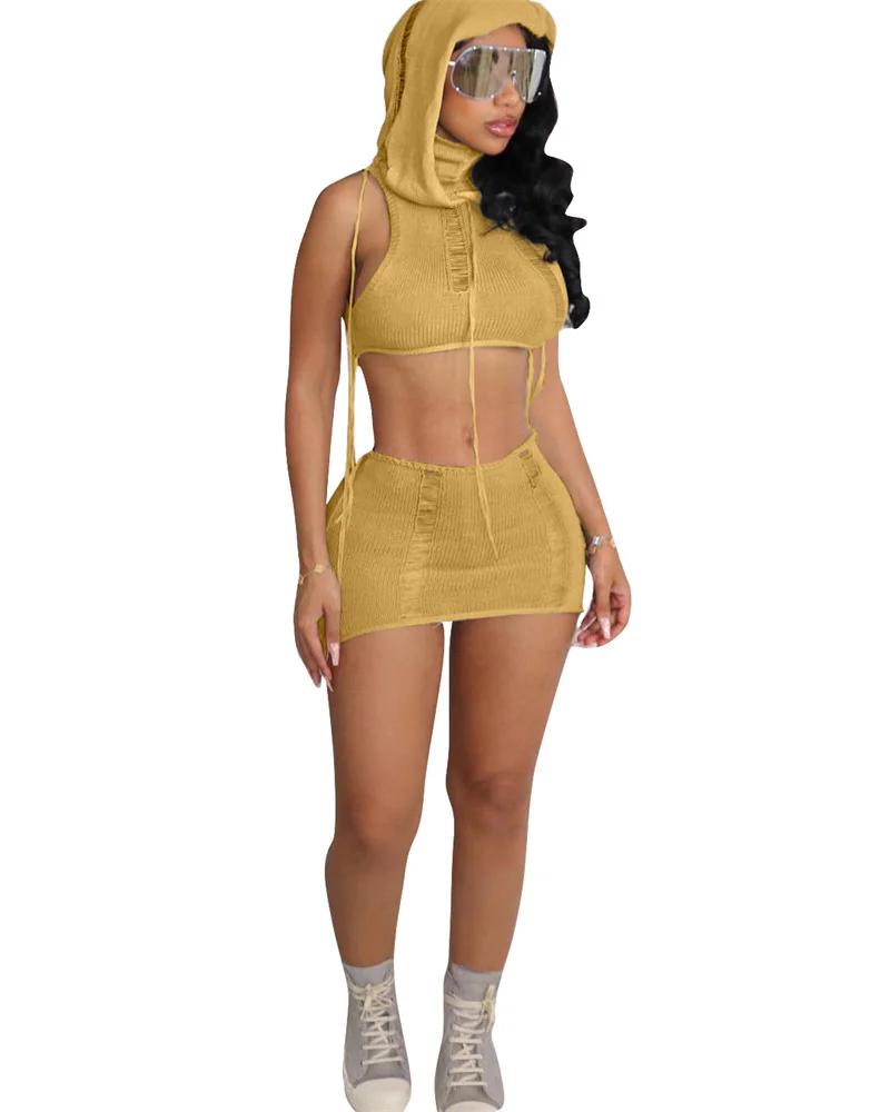 Streetwear crochê malha co ord conjuntos para mulheres roupas de duas peças 2023 buraco com capuz colheita superior e mini saias y2k night club outfit - Image 1