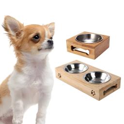 K5dc levantou o suporte de bambu contínuo do alimentador do animal de estimação com a bacia de aço inoxidável removível para gatos e cães pequenos presente prático durável - Image 3