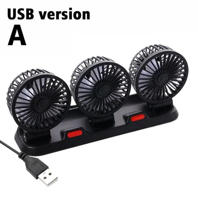 Ventilador elétrico automotivo silencioso de três cabeças para caminhões, SUVs e RVs, com alimentação USB, 12V/24V e 2 velocidades