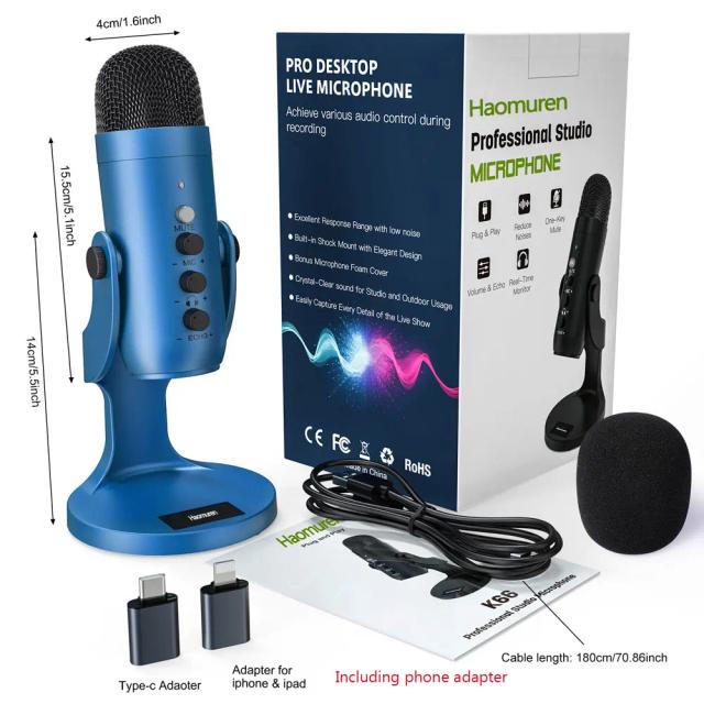 Microfone USB Condensador Haomuren com Botão Touch Mute – Ideal para Gamers, Gravações e Reuniões Online