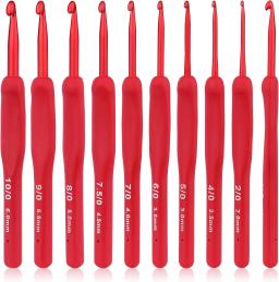 Silicone Handle Aluminum Crochet Needle Set, Gancho de crochê vermelho, Ganchos ergonômicos para mãos artríticas, Presentes de crochê, 9Pcs - Image 1