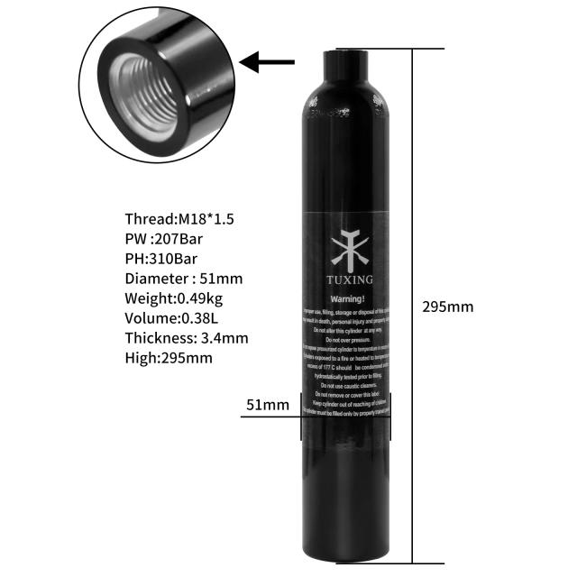 Cilindro de Alumínio TUXING para Mergulho Mini de 0.38L com Tanque de Ar de Alta Pressão para Oxigênio e CO2 - 3000psi / 200Bar