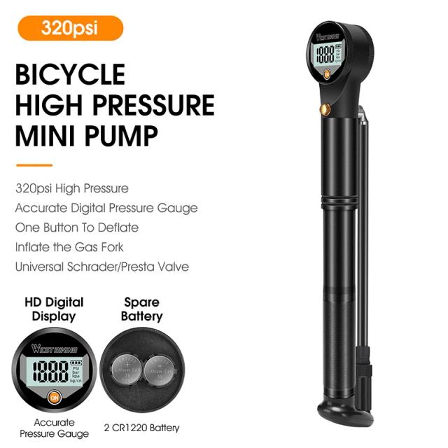 Bomba de Alta Pressão para Bicicletas com Medidor Digital - Compatível com MTB, Estrada, Válvulas Schrader e Presta até 320 PSI
