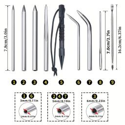 Aço inoxidável Agulha Set para Couro e Paracord Trabalho, Braid Marlinspike e Smoothing Tools, 9pcs - Image 2