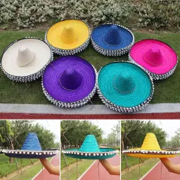 Chapéu de palha masculino e feminino legal Raffia sombrero, estilo mexicano, aba larga, colorido, chapéu de sol ao ar livre, festa de Halloween - Image 1