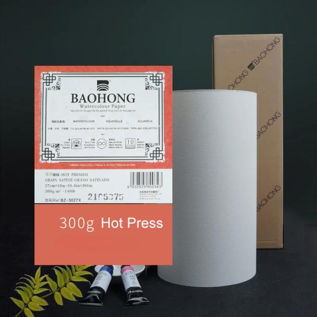 Rolo de Papel para Aquarela BAOHONG 140lb, 300g - 100% Algodão, Cortável em Tamanhos de 27cm x 10m e 37cm x 10m