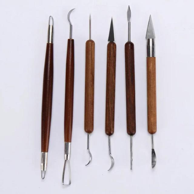 Kit de Ferramentas de Escultura em Argila com 6 Peças e Cabo de Madeira para Cerâmica e DIY